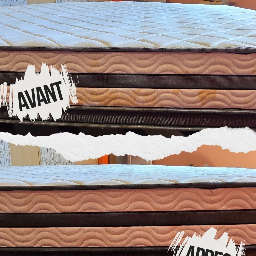Matelas avant et après nettoyage : tissu jauni en haut, tissu redevenu blanc en bas